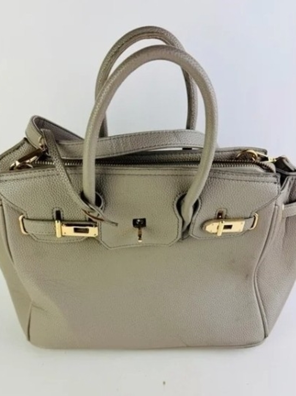 Structured Taupe Leather Satchel Handbag